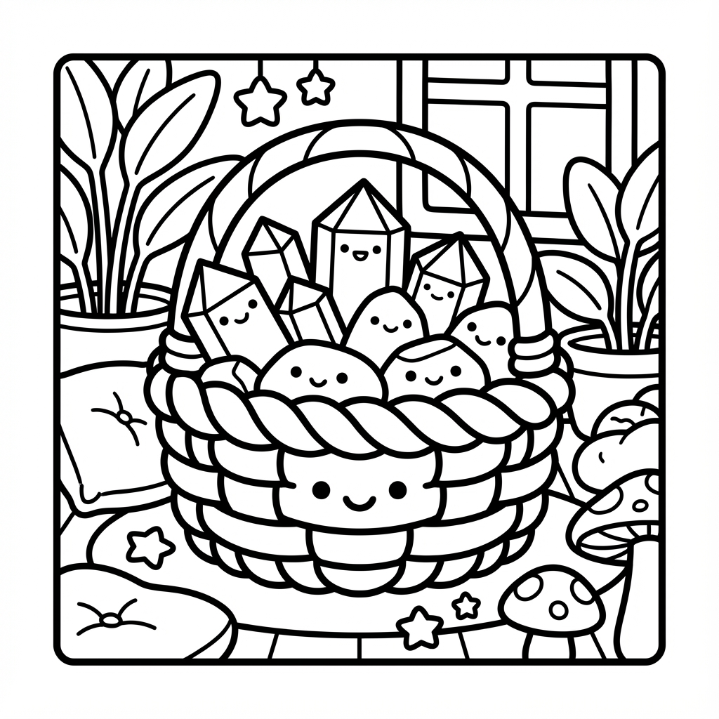 A basket filled with smiling crystals and rocks, designed as easy coloring pages for toddlers.